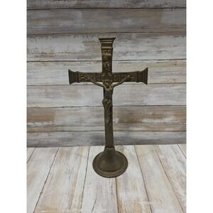 Vintage SMC Brass Standing Crucifix Religious Altar Cross Made in Korea 10.5"